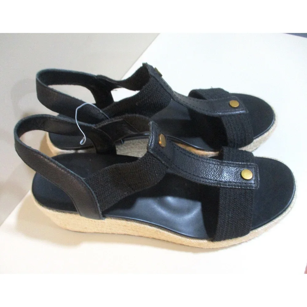 Vionic Calera Black Espadrille Wedge Sandals Womens 10 T-Strap Platform Orthotic